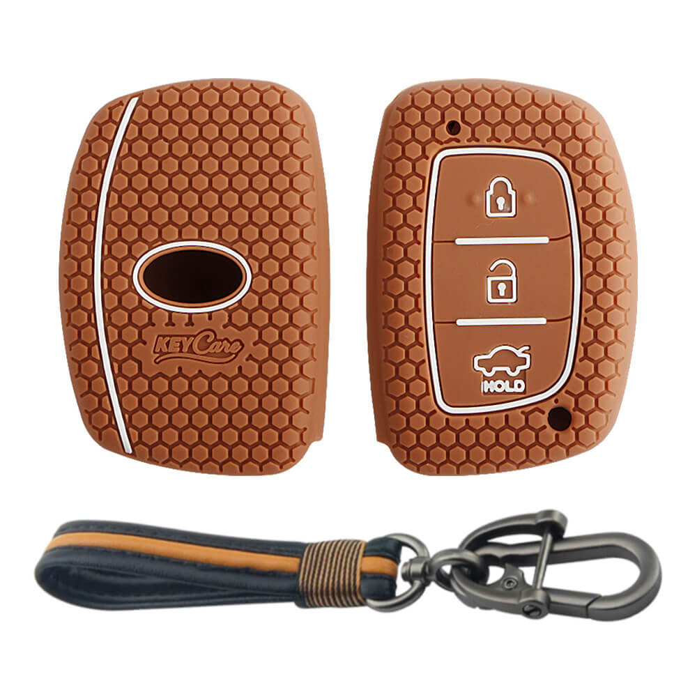 Keycare silicone key cover and keychain fit for : Exter, Creta, Elite I20, Active I20, Aura, Verna 4s, Xcent, Tucson, Elantra 3 button smart key (KC-07, Full leather keychain)