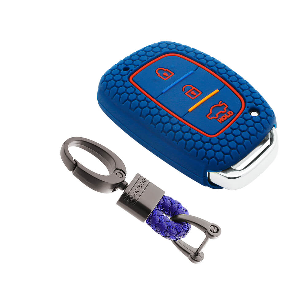 Keycare silicone key cover and keychain fit for : Exter, Creta, Elite I20, Active I20, Aura, Verna 4s, Xcent, Tucson, Elantra 3 button smart key (KC-07, Alloy keychain black) - Keyzone
