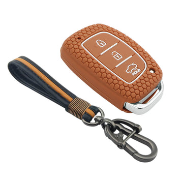 Keycare silicone key cover and keychain fit for : Exter, Creta, Elite I20, Active I20, Aura, Verna 4s, Xcent, Tucson, Elantra 3 button smart key (KC-07, Full leather keychain)