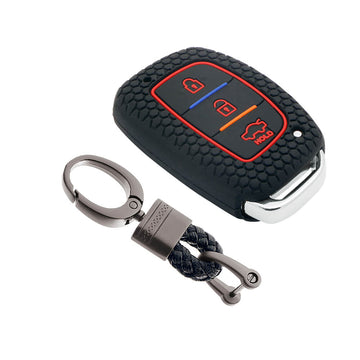 Keycare silicone key cover and keychain fit for : Exter, Creta, Elite I20, Active I20, Aura, Verna 4s, Xcent, Tucson, Elantra 3 button smart key (KC-07, Alloy keychain black)