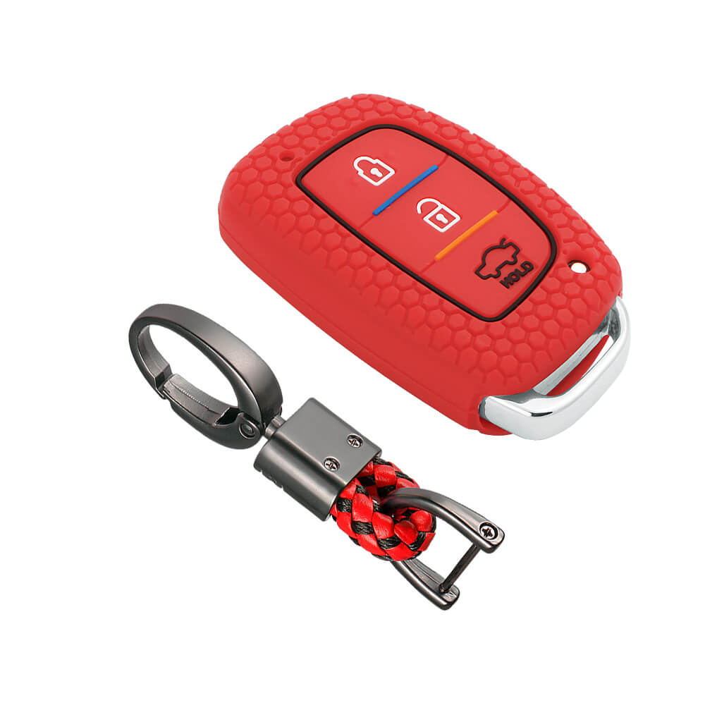 Keycare silicone key cover and keychain fit for : Exter, Creta, Elite I20, Active I20, Aura, Verna 4s, Xcent, Tucson, Elantra 3 button smart key (KC-07, Alloy keychain black) - Keyzone