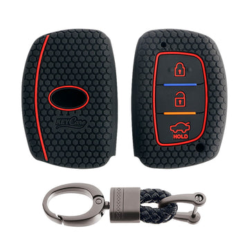 Keycare silicone key cover and keychain fit for : Exter, Creta, Elite I20, Active I20, Aura, Verna 4s, Xcent, Tucson, Elantra 3 button smart key (KC-07, Alloy keychain black)