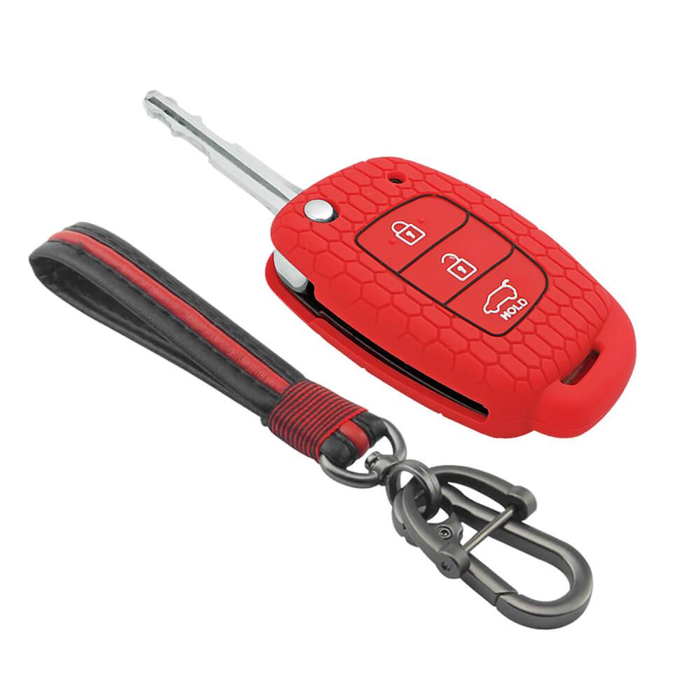 Keycare silicone key cover and keychain fit for : Creta, I20 2020, I20 Elite, I20 Active, Grand I10, Aura, Xcent 19 Onwards, Venue flip key (KC-10, Full leather keychain) - Keyzone