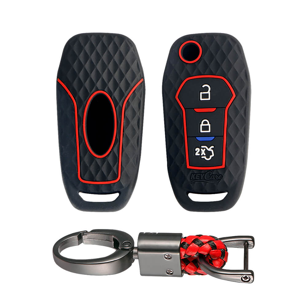 Keycare silicone key cover and keyring fit for : Ford Figo Aspire, Endeavour flip key (KC-12, Alloy Keychain) - Keyzone