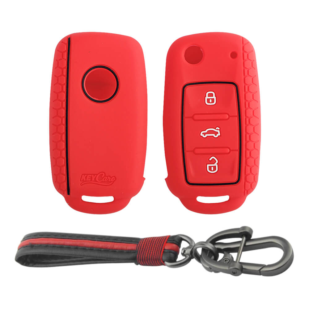 Keycare silicone key cover and keychain fit for : Octavia (Old), Fabia, Laura, Rapid, Superb, Yeti 3 button flip key (KC-13, Full leather keychain) - Keyzone