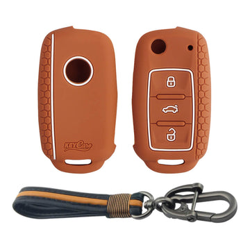 Keycare silicone key cover and keychain fit for : Polo, Vento, Jetta, Ameo 3b flip key (KC-13, Full leather keychain)