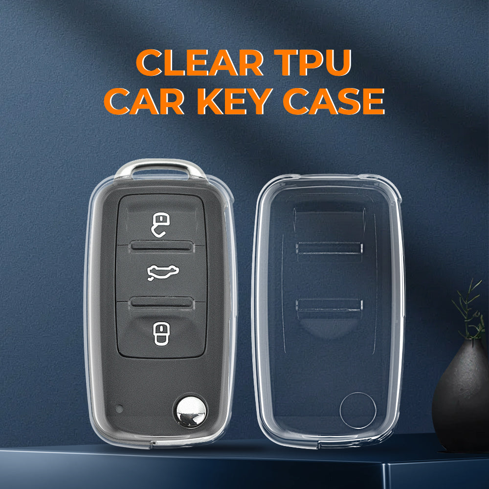 Keyzone clear TPU key cover and diamond keychain compatible for Skoda Octavia, Fabia, Laura, Superb, Rapid, Yeti 3 button flip key (CLTP13+KH08) - Keyzone