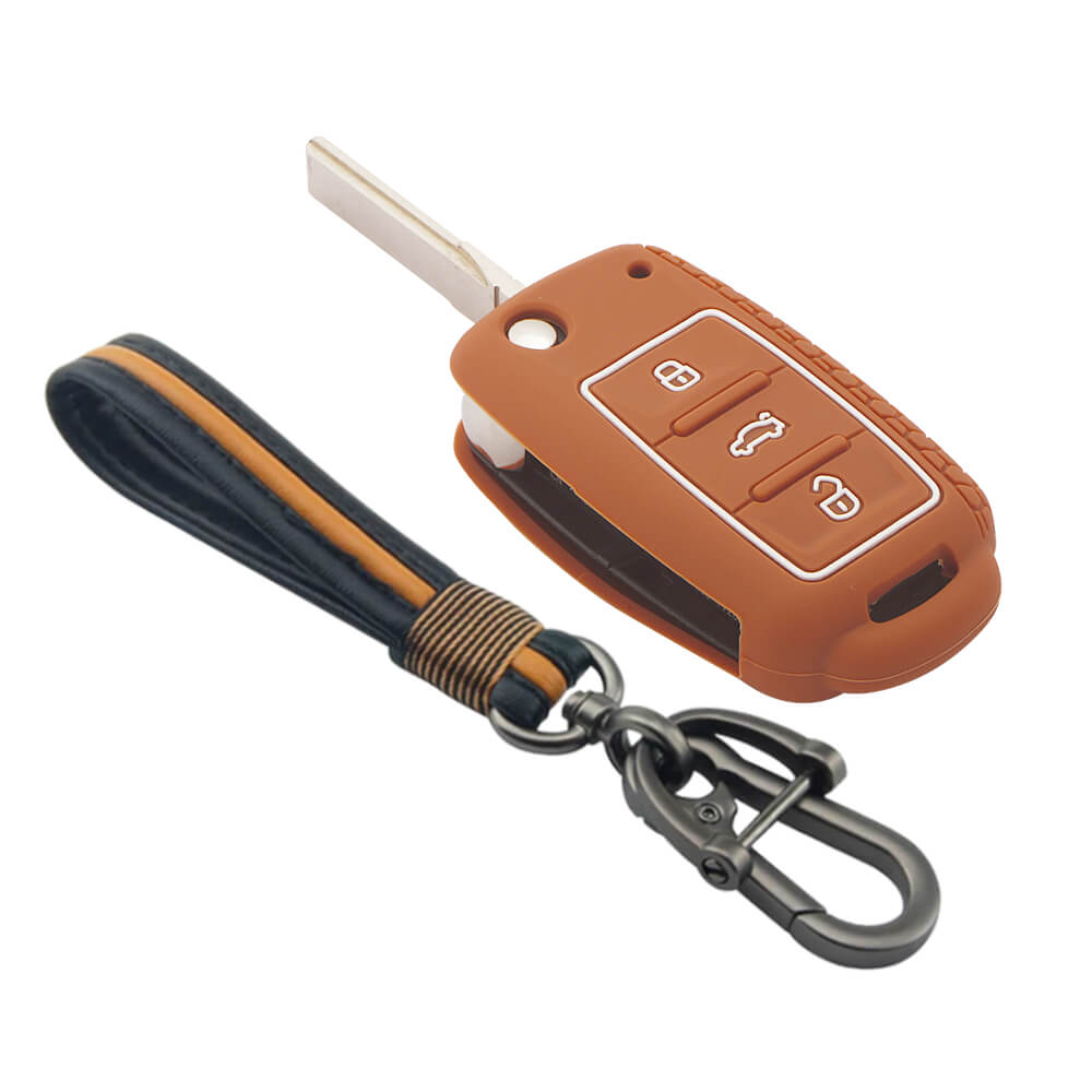 Keycare silicone key cover and keychain fit for : Octavia (Old), Fabia, Laura, Rapid, Superb, Yeti 3 button flip key (KC-13, Full leather keychain) - Keyzone