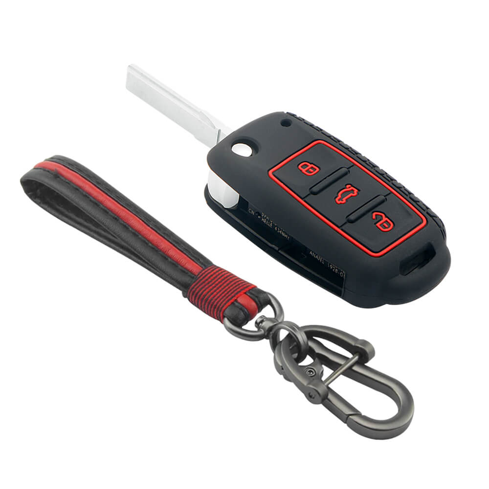 Keycare silicone key cover and keychain fit for : Polo, Vento, Jetta, Ameo 3b flip key (KC-13, Full leather keychain) - Keyzone