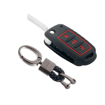 Keycare silicone key cover and keychain fit for : Polo, Vento, Jetta, Ameo 3b flip key (KC-13, Alloy keychain)