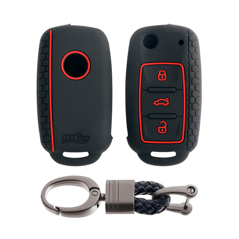 Keycare silicone key cover and keychain fit for : Octavia (Old), Fabia, Laura, Rapid, Superb, Yeti 3 button flip key (KC-13, Alloy keychain) - Keyzone