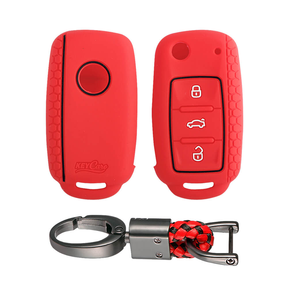 Keycare silicone key cover and keychain fit for : Polo, Vento, Jetta, Ameo 3b flip key (KC-13, Alloy keychain) - Keyzone