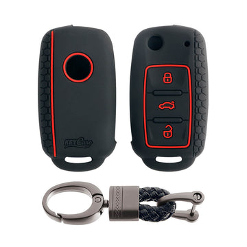 Keycare silicone key cover and keychain fit for : Polo, Vento, Jetta, Ameo 3b flip key (KC-13, Alloy keychain) - Keyzone
