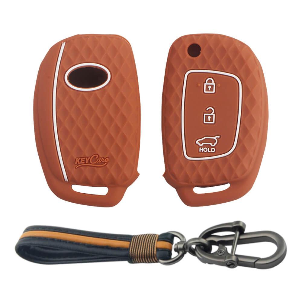 Keycare silicone key cover and keyring fit for : I20, Verna, Xcent (2012-14) flip key (KC-16, Full Leather Keychain) - Keyzone