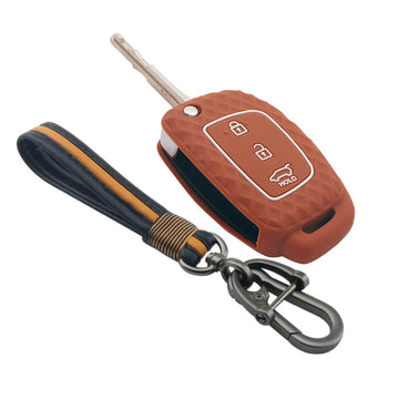 Keycare silicone key cover and keyring fit for : I20, Verna, Xcent (2012-14) flip key (KC-16, Full Leather Keychain) - Keyzone