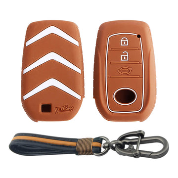 Keycare silicone key cover and keychain fit for : Toyota Innova Crysta, Innova HyCross, Hilux, Fortuner, Fortuner Facelift 2021, Fortuner Legender 2021 smart key (KC-18, Full leather keychain)