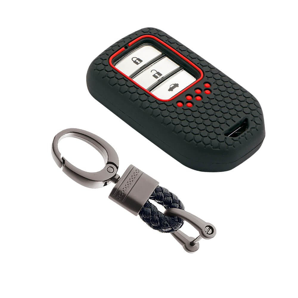 Keycare silicone key cover and keychain fit for : Honda City, Elevate, Civic, Jazz, Brio, Amaze, CR-V, WR-V, BR-V, Mobilio, Accord 2b/3b/4b/5b Smart Key (KC-24, Alloy keychain black) - Keyzone