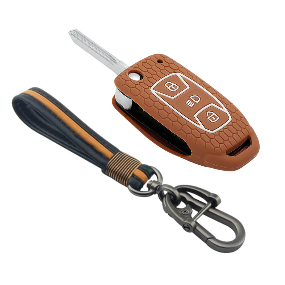 Keycare silicone key cover and keychain fit for : Tata Zest, Bolt, Tigor, Hexa, Tiago, Zica, Safari Storme, Nexon, Harrier, flip key (KC-29, Full leather keychain) - Keyzone