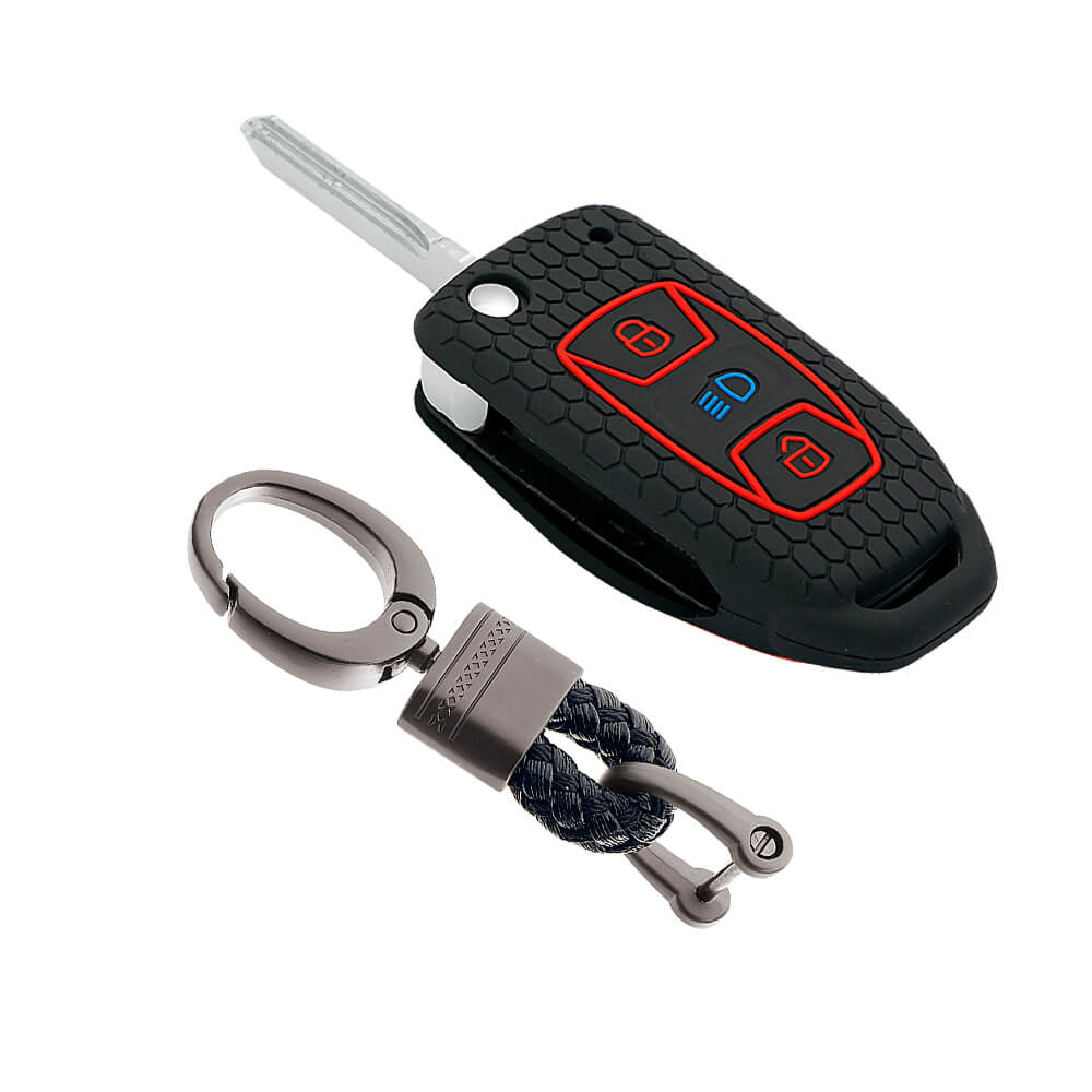 Keycare silicone key cover and keychain fit for : Tata Zest, Bolt, Tigor, Tiago, Zica, Safari Storme, Nexon, Harrier flip key (KC-29, Alloy keychain black) - Keyzone