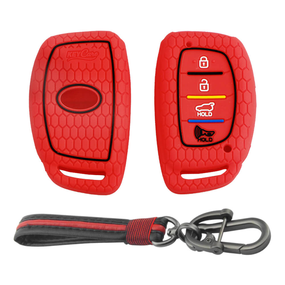 Keycare silicone key cover and keychain fit for : Venue, Elantra, Tucson, I20 N Line 2021, Creta 2020, i20 2020 Hyundai 4 button smart key (KC-30, Full leather keychain) - Keyzone