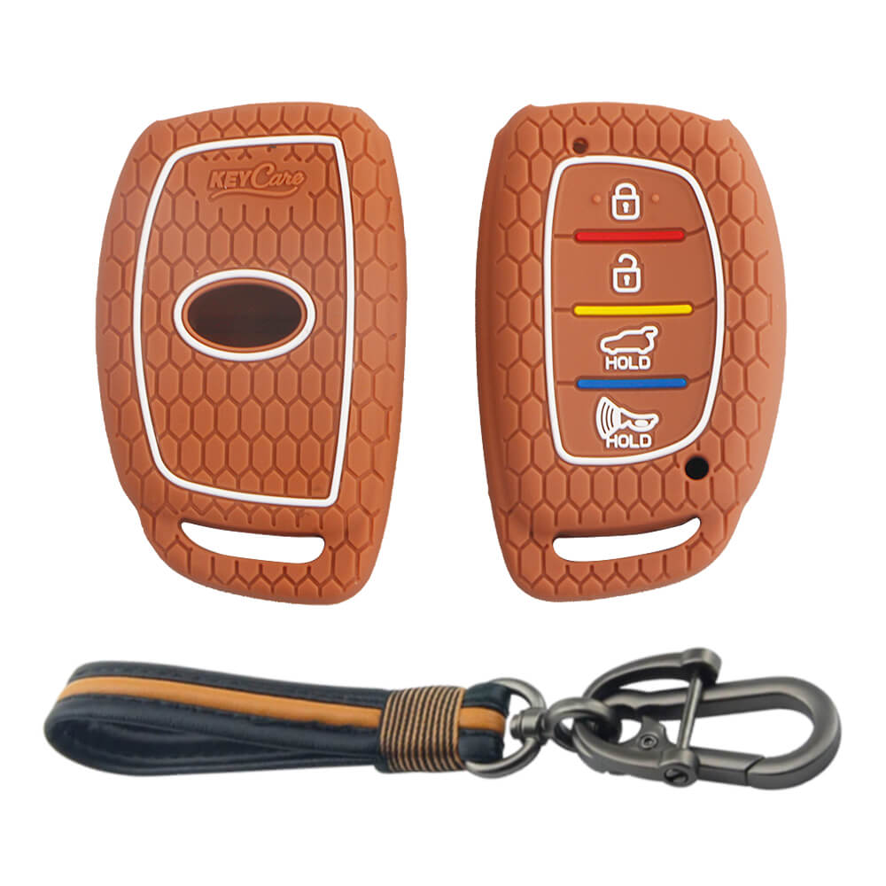 Keycare silicone key cover and keychain fit for : Venue, Elantra, Tucson, I20 N Line 2021, Creta 2020, i20 2020 Hyundai 4 button smart key (KC-30, Full leather keychain) - Keyzone