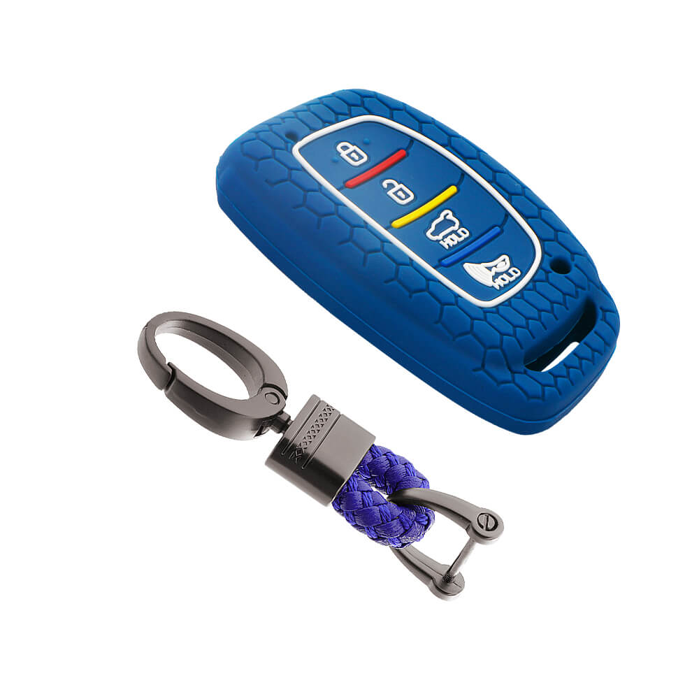 Keycare silicone key cover and keychain fit for : Venue, Elantra, Tucson, I20 N Line 2021, Creta 2020, i20 2020 Hyundai 4 button smart key (KC-30, Alloy keychain black) - Keyzone