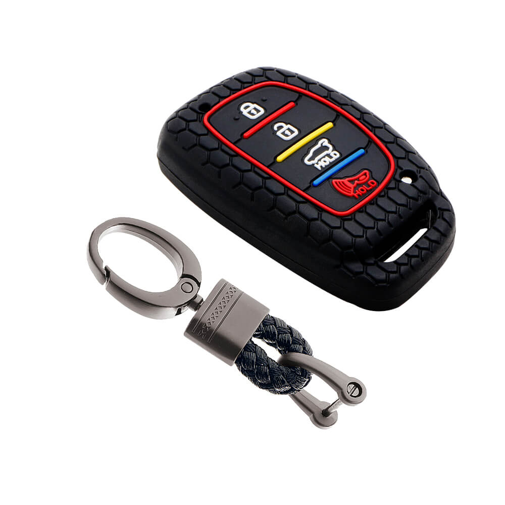Keycare silicone key cover and keychain fit for : Venue, Elantra, Tucson, I20 N Line 2021, Creta 2020, i20 2020 Hyundai 4 button smart key (KC-30, Alloy keychain black) - Keyzone