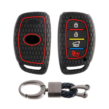 Keycare silicone key cover and keychain fit for : Venue, Elantra, Tucson, I20 N Line 2021, Creta 2020, i20 2020 Hyundai 4 button smart key (KC-30, Alloy keychain black)