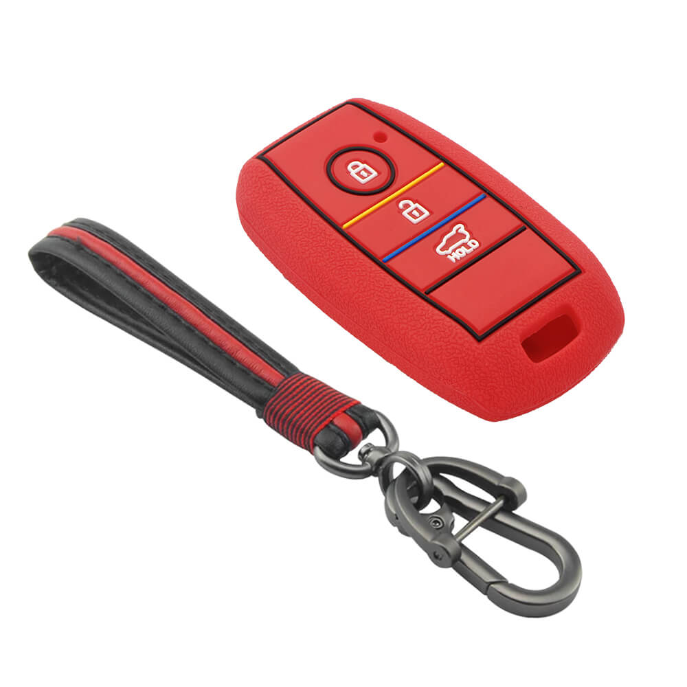 Keycare silicone key cover and keyring fit for : Kia Seltos 3 button smart key (KC-31, Full Leather Keychain) - Keyzone