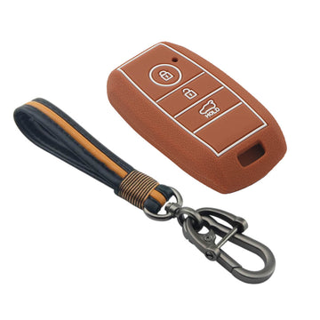 Keycare silicone key cover and keyring fit for : Kia Seltos 3 button smart key (KC-31, Full Leather Keychain)