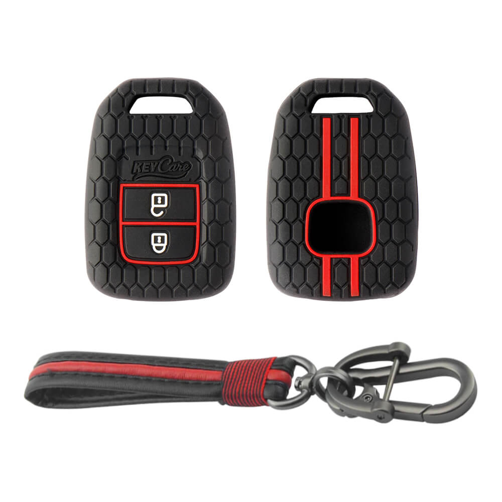 Keycare silicone key cover and keyring fit for : Wr-v, City, Jazz, Amaze 2014+ 2 button remote key (KC-33, Full Leather Keychain) - Keyzone