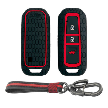 Keycare silicone key cover and keyring fit for : MG Hector 3 button smart key (KC-36, Full Leather Keychain)