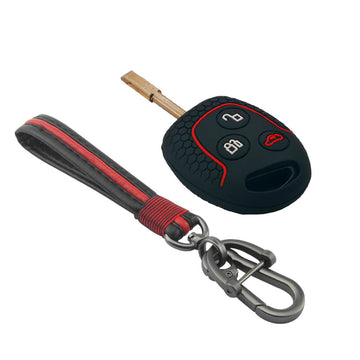 Keycare silicone key cover and keyring fit for : Fiesta, Fusion, Figo 3 button remote key (KC-37, Full Leather Keychain)