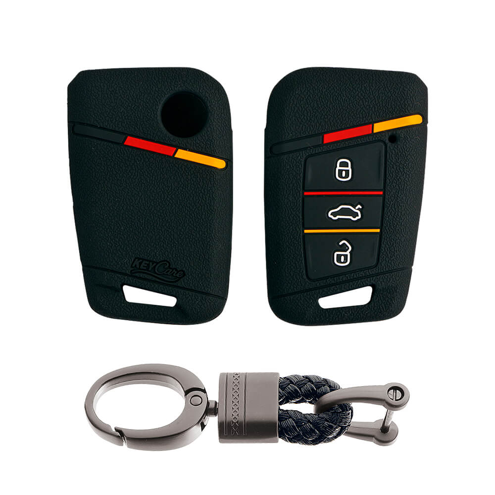 Keycare silicone key cover and keyring fit for : Tiguan, Jetta, Passat Highline smart key (KC-40, Alloy Keychain) - Keyzone