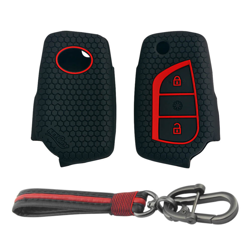 Keycare silicone key cover and keyring fit for : Innova Crysta, Corolla Altis 3 button flip key (KC-42, Full Leather Keychain) - Keyzone