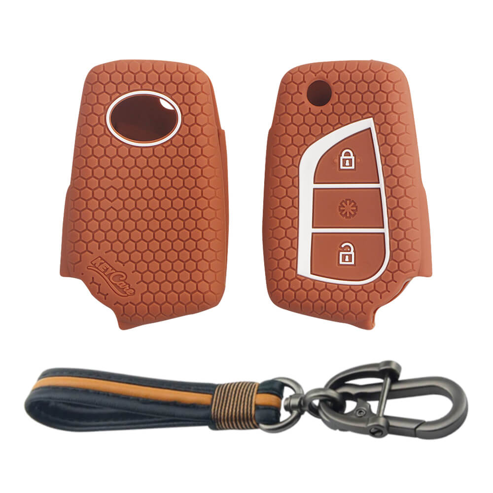 Keycare silicone key cover and keyring fit for : Innova Crysta, Corolla Altis 3 button flip key (KC-42, Full Leather Keychain) - Keyzone