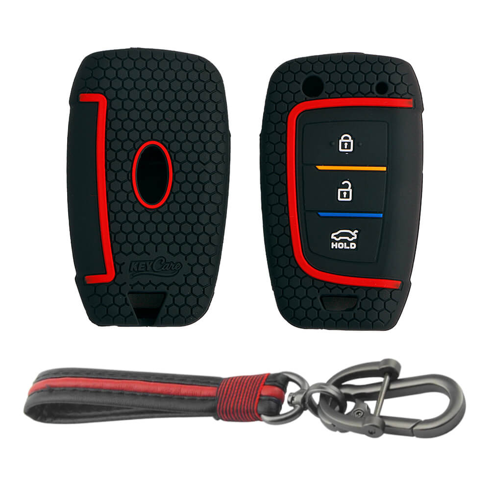 Keycare silicone key cover and keyring fit for : i20, Kona, Verna 2018 Onwards 3 button flip key (KC-43, Full Leather Keychain) - Keyzone