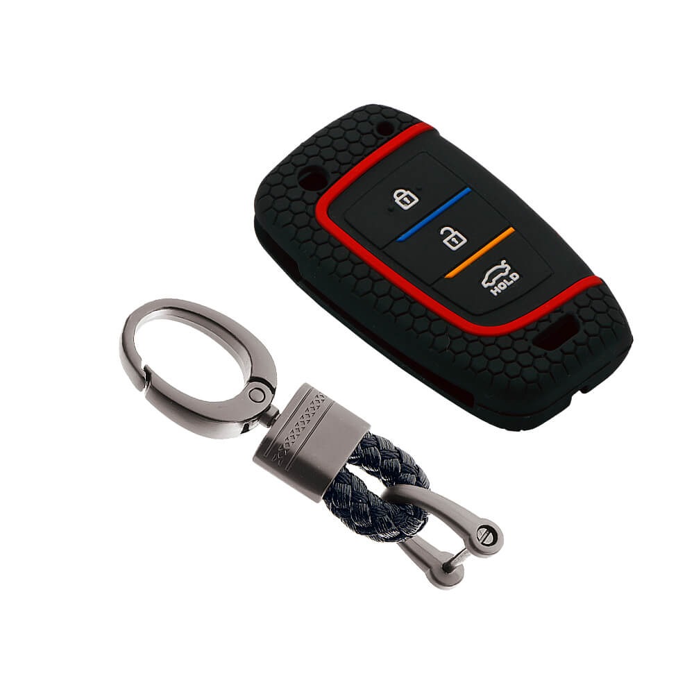 Keycare silicone key cover and keyring fit for : i20, Kona, Verna 2018 Onwards 3 button flip key (KC-43, Alloy Keychain) - Keyzone