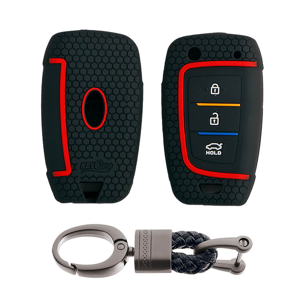 Keycare silicone key cover and keyring fit for : Kona, Verna 2018 Onwards 3 button flip key (KC-43, Alloy Keychain)