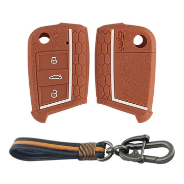 Keycare silicone key cover and keyring fit for : Virtus, Tiguan, T-ROC, Taigun, New Jetta 3 button flip key (KC-44, Full Leather Keychain) - Keyzone