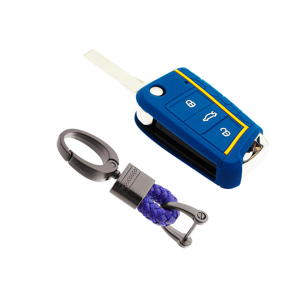 Keycare silicone key cover and keyring fit for : Karoq, Octavia, Superb, Kodiaq, Slavia flip key (KC-44, Alloy Keychain) - Keyzone