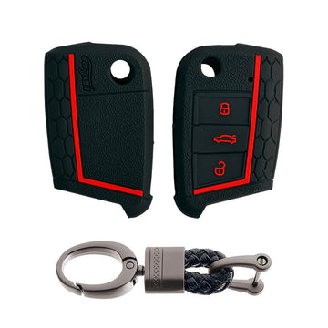 Keycare silicone key cover and keyring fit for : Virtus, Tiguan, T-ROC, Taigun, New Jetta 3 button flip key (KC-44, Alloy Keychain) - Keyzone