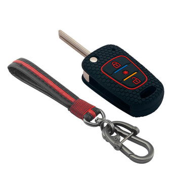 Keycare silicone key cover and keyring fit for : Verna Fluidic, I10, Old I20 (2007-2011) flip key (KC-45, Full Leather Keychain) - Keyzone