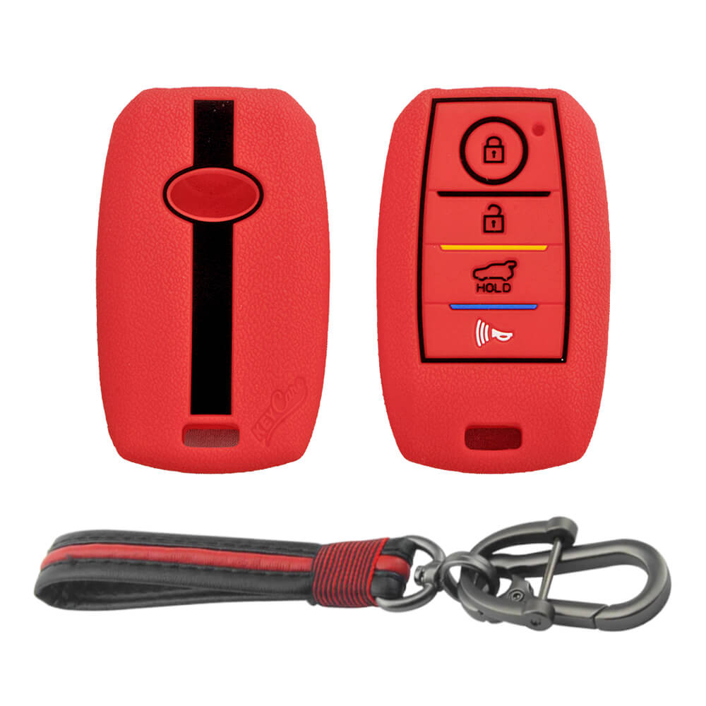 Keycare silicone key cover and keyring fit for : Kia Seltos 4 button smart key (KC-49, Full Leather Keychain)