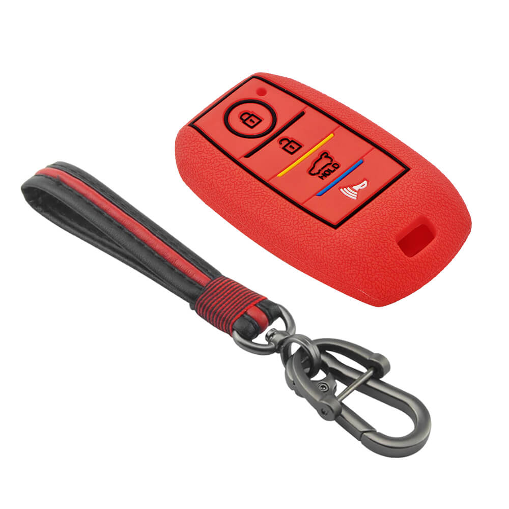 Keycare silicone key cover and keyring fit for : Kia Seltos 4 button smart key (KC-49, Full Leather Keychain) - Keyzone