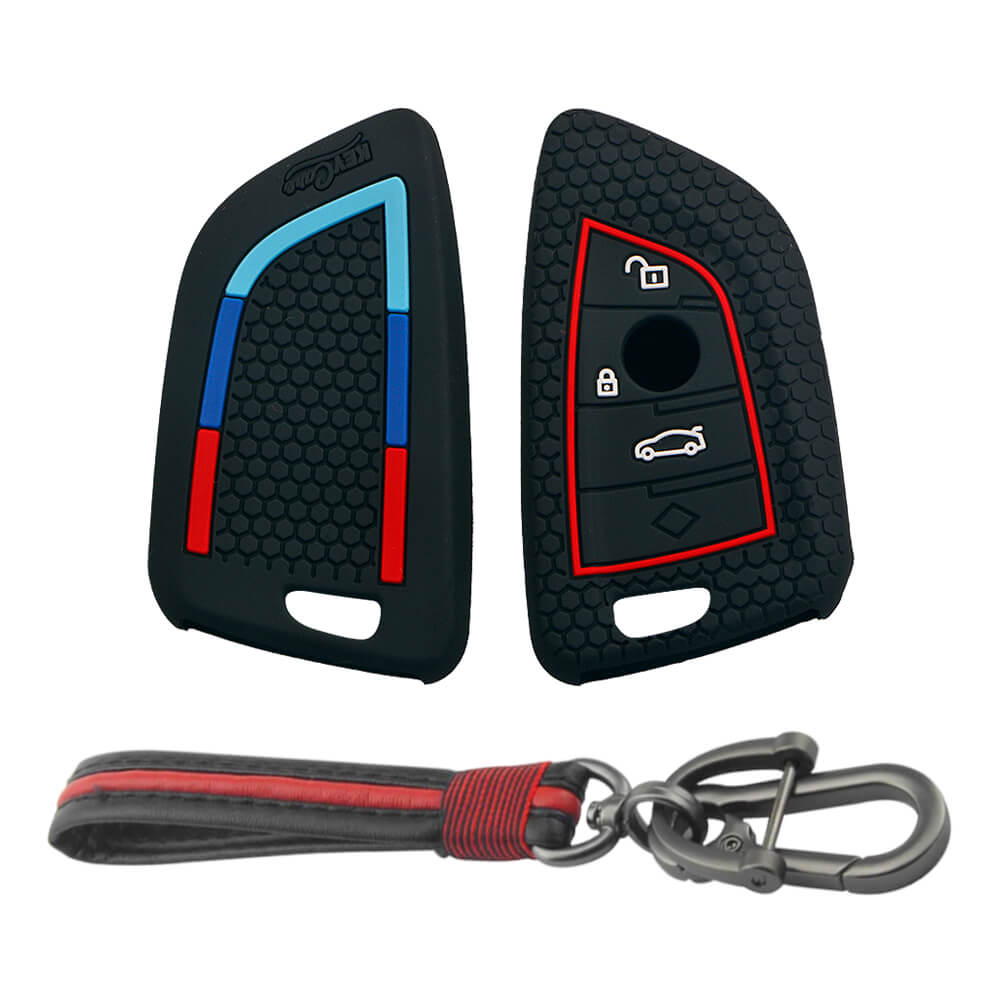 Keycare silicone key cover and keyring fit for : X1, X3, X6, X5, 5 Series, 6 Series, 7 Series 4 button smart key (T2) (KC-52, Full Leather Keychain) - Keyzone