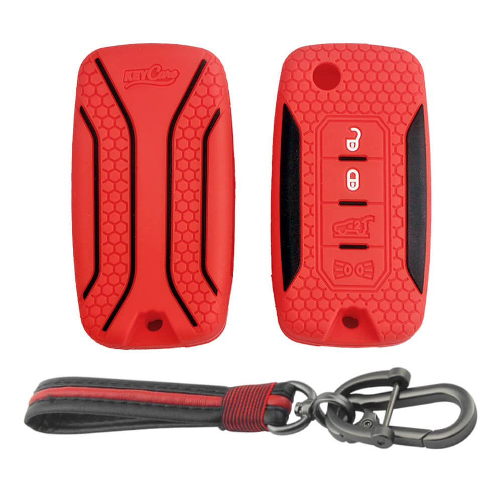Keycare silicone key cover and keyring fit for : Jeep Compass, Compass Trailhawk, Wrangler (KC-56, Full Leather Keychain) - Keyzone