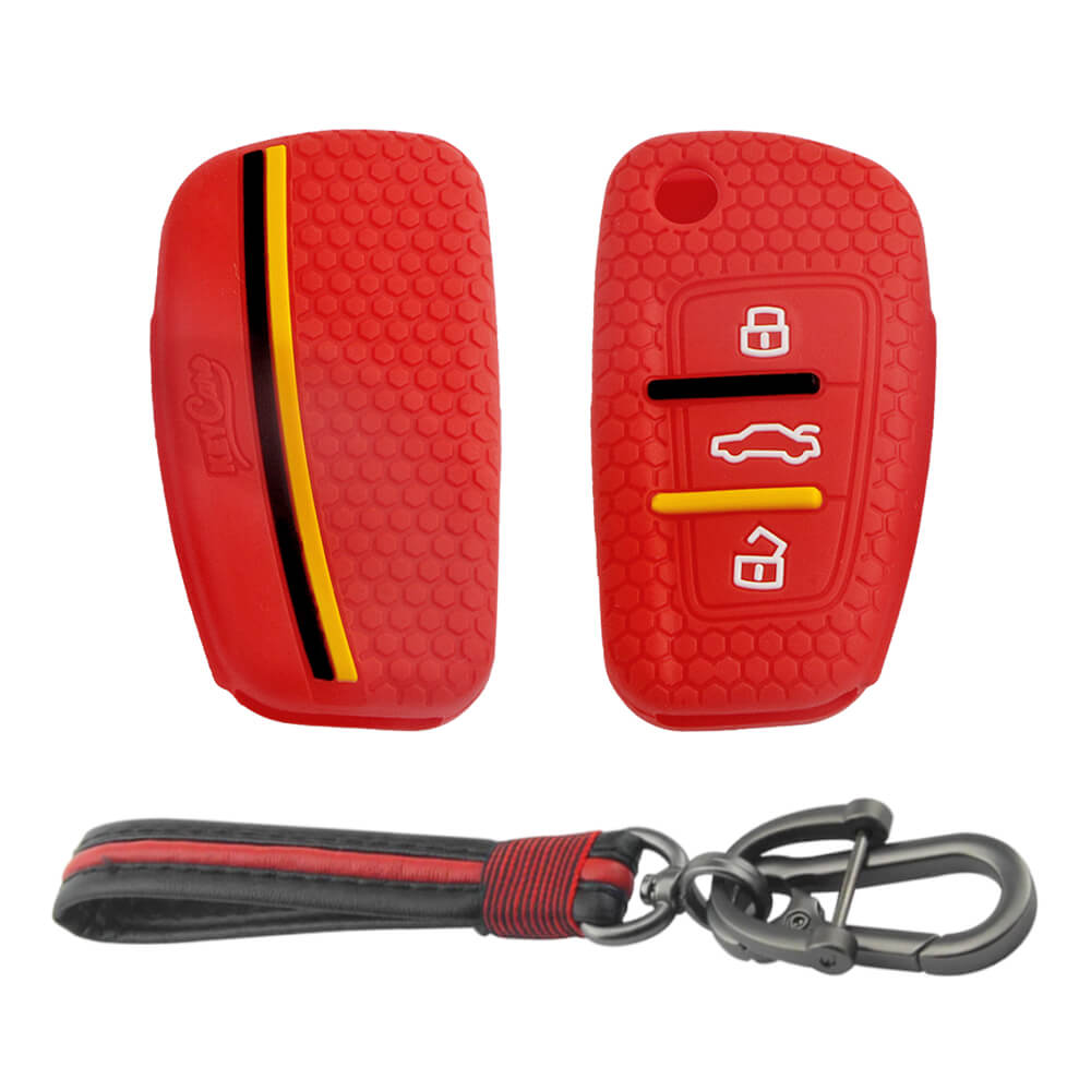 Keycare silicone key cover and keyring fit for : Audi 3 button flip key (KC-57, Full Leather Keychain)