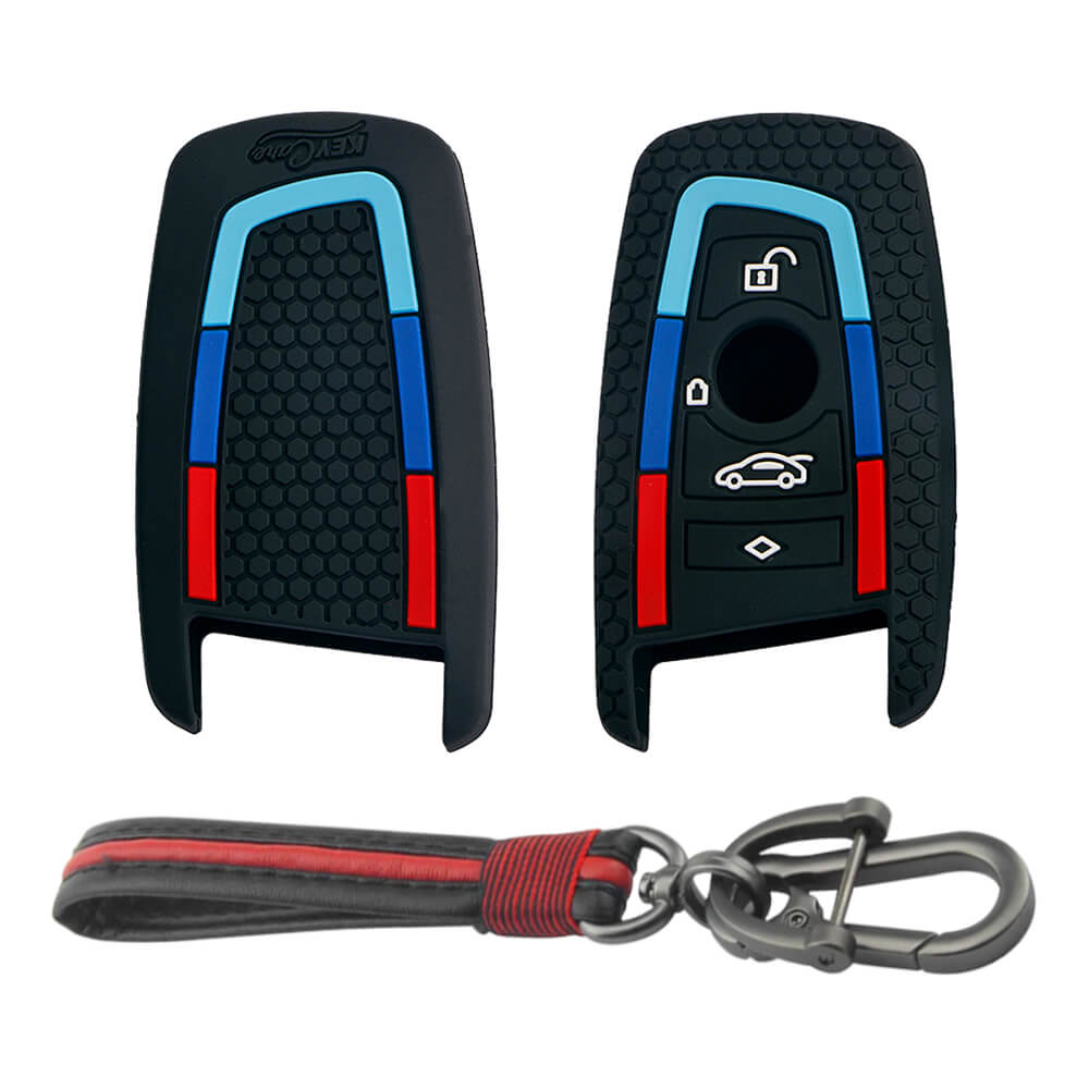 Keycare silicone key cover and keyring fit for : X4, X3, 5 Series, 6 Series, 3 Series, 7 Series 4 button smart key (T1) (KC-58, Full Leather Keychain) - Keyzone