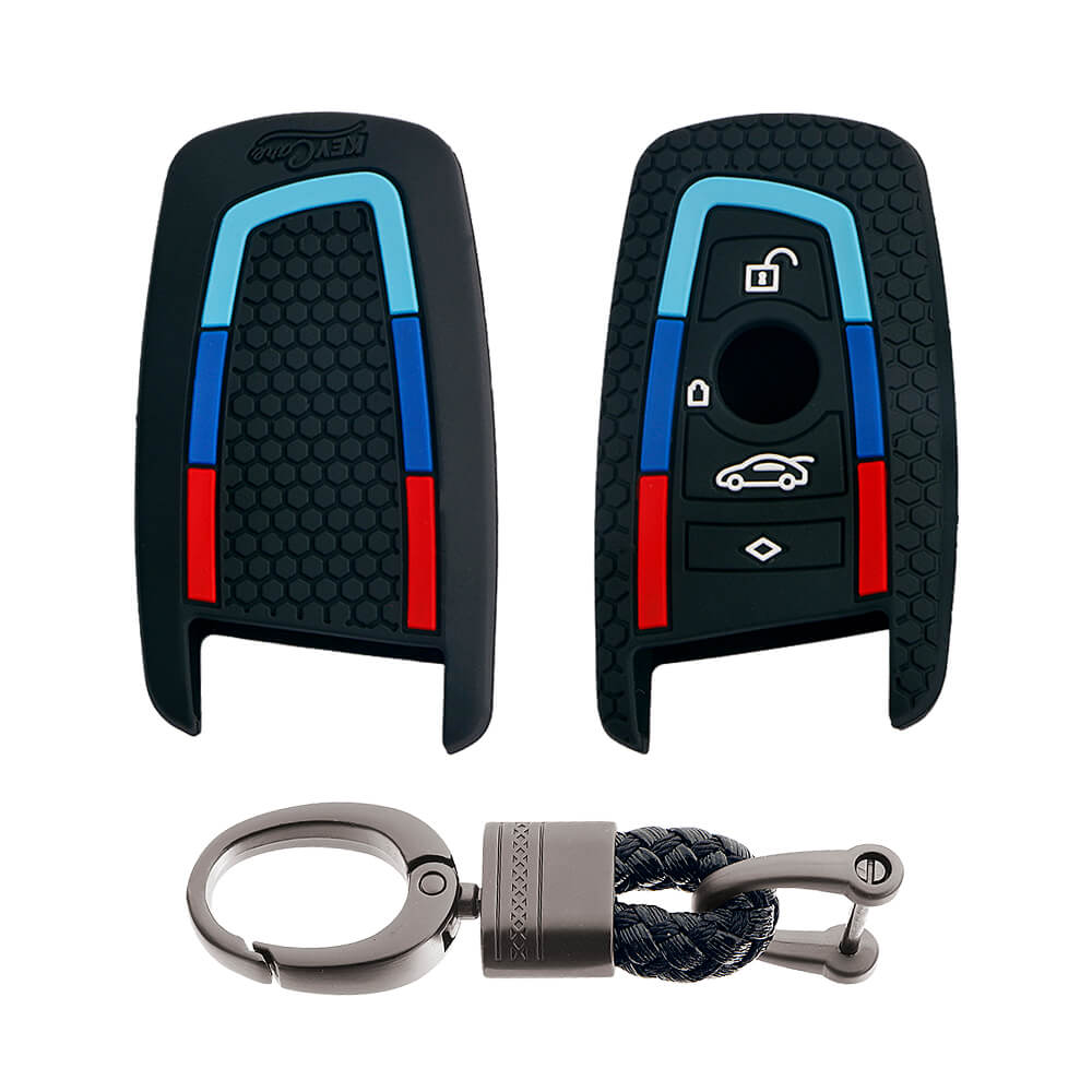 Keycare silicone key cover and keyring fit for : X4, X3, 5 Series, 6 Series, 3 Series, 7 Series 4 button smart key (T1) (KC-58, Alloy Keychain)